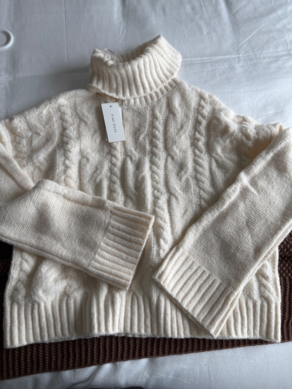 Pink Rose Cream Cable Knit Turtleneck Sweater